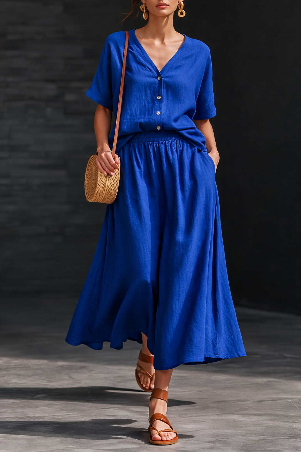 Women's V-Neck Button-Up Top & Long Skirt Set