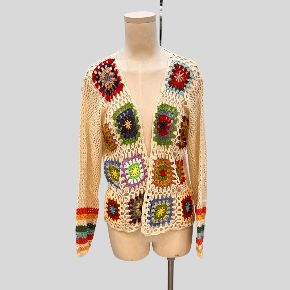 Hand-Crocheted Floral Cardigan Sweater | Boho Open Front Knit Top