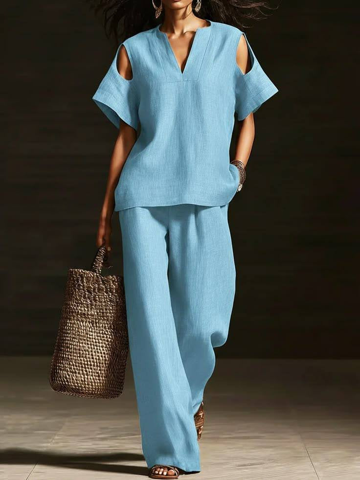 V-Neck Short Sleeve Top & Straight-Leg Pants Set – Ripped Detail, Pockets, Solid Color
