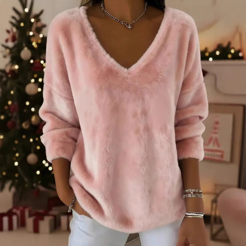 Women’s Plush V Neck Drop Shoulder Pullover Sweater