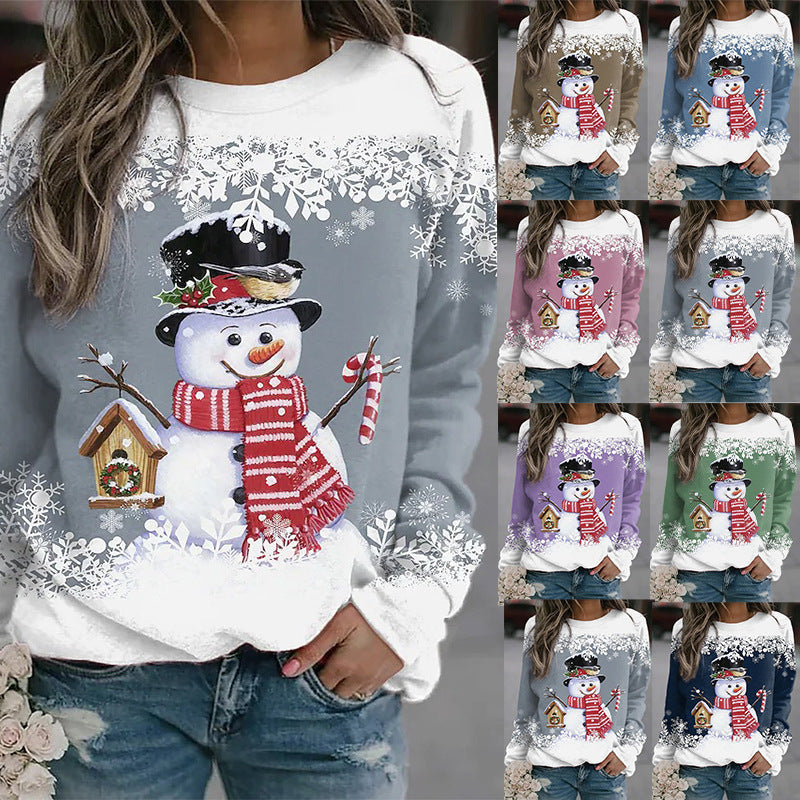 Snowman Printed Panel Loose Sweater – Casual Holiday Knit for Women