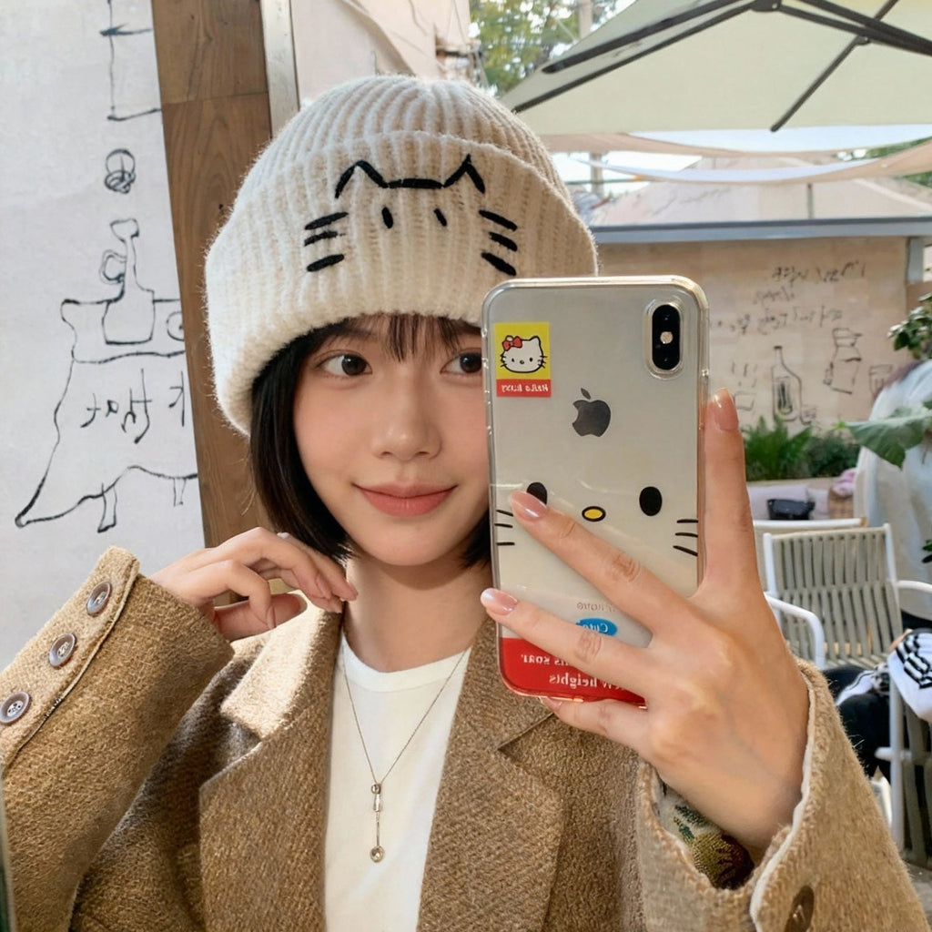 Women’s Cute Cat Line Design Knitted Hat – Warm Fall & Winter Beanie