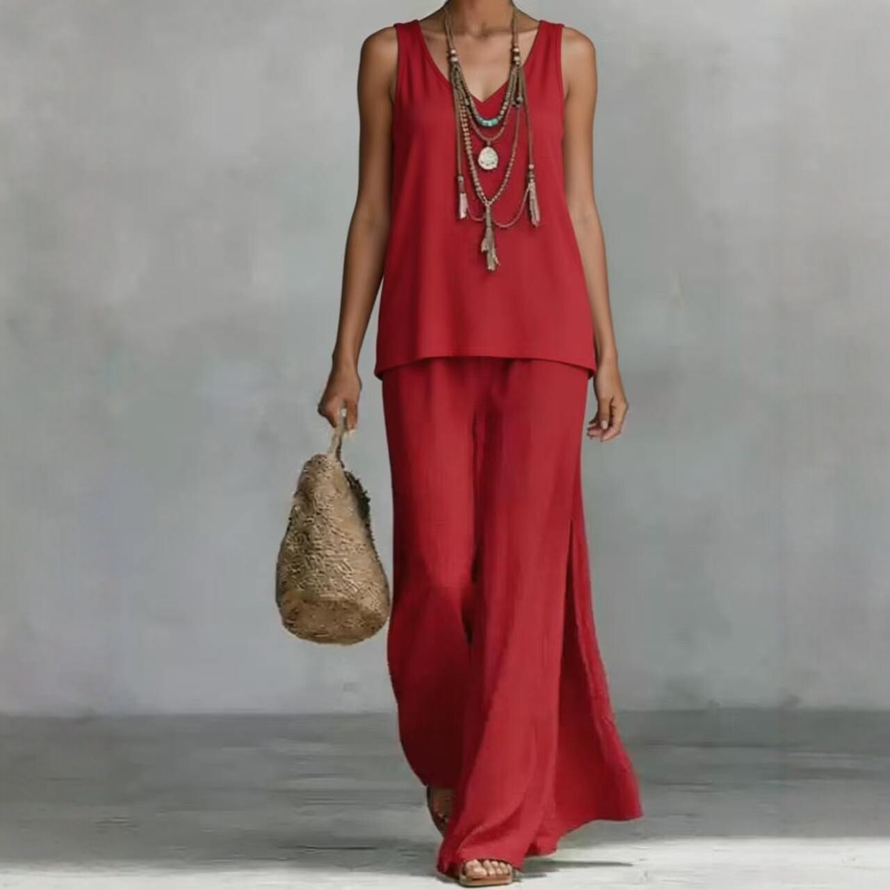 Women's Bohemian Wide-Leg Pants & V-Neck Vest Set – 3D Print