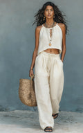 Women's Sleeveless Tank Top & Wide-Leg Pants Set – Linen Blend Summer Two-Piece