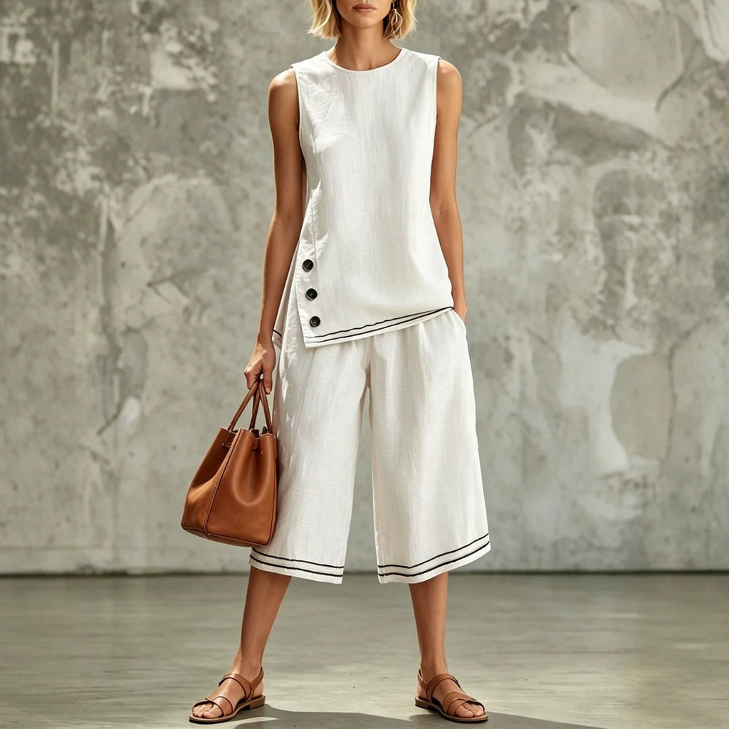 Women's Tank Top & Wide-Leg Pants Set – Side Split, Pockets, Buttons