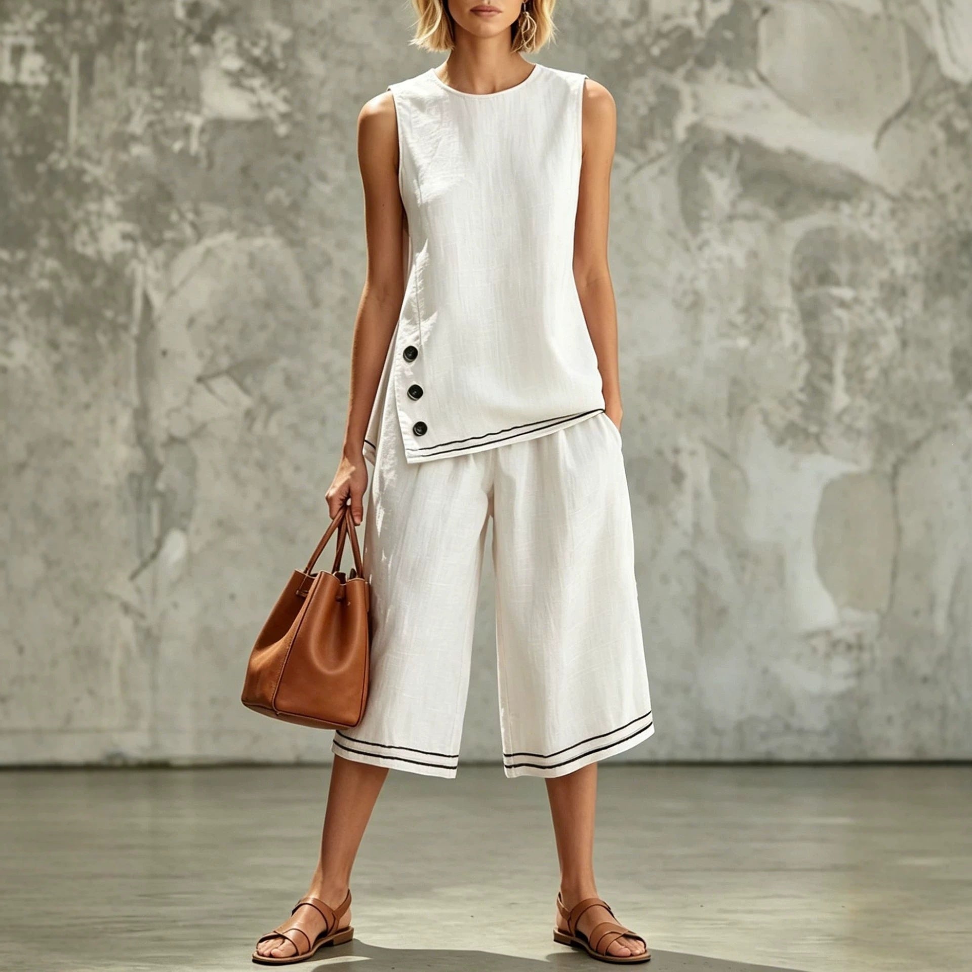 Women's Tank Top & Wide-Leg Pants Set – Side Split, Pockets, Buttons