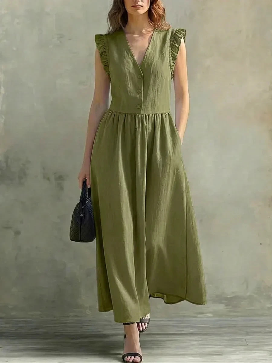 V-Neck Puff-Sleeve Dress with Pockets – Cotton Linen, 7 Colors