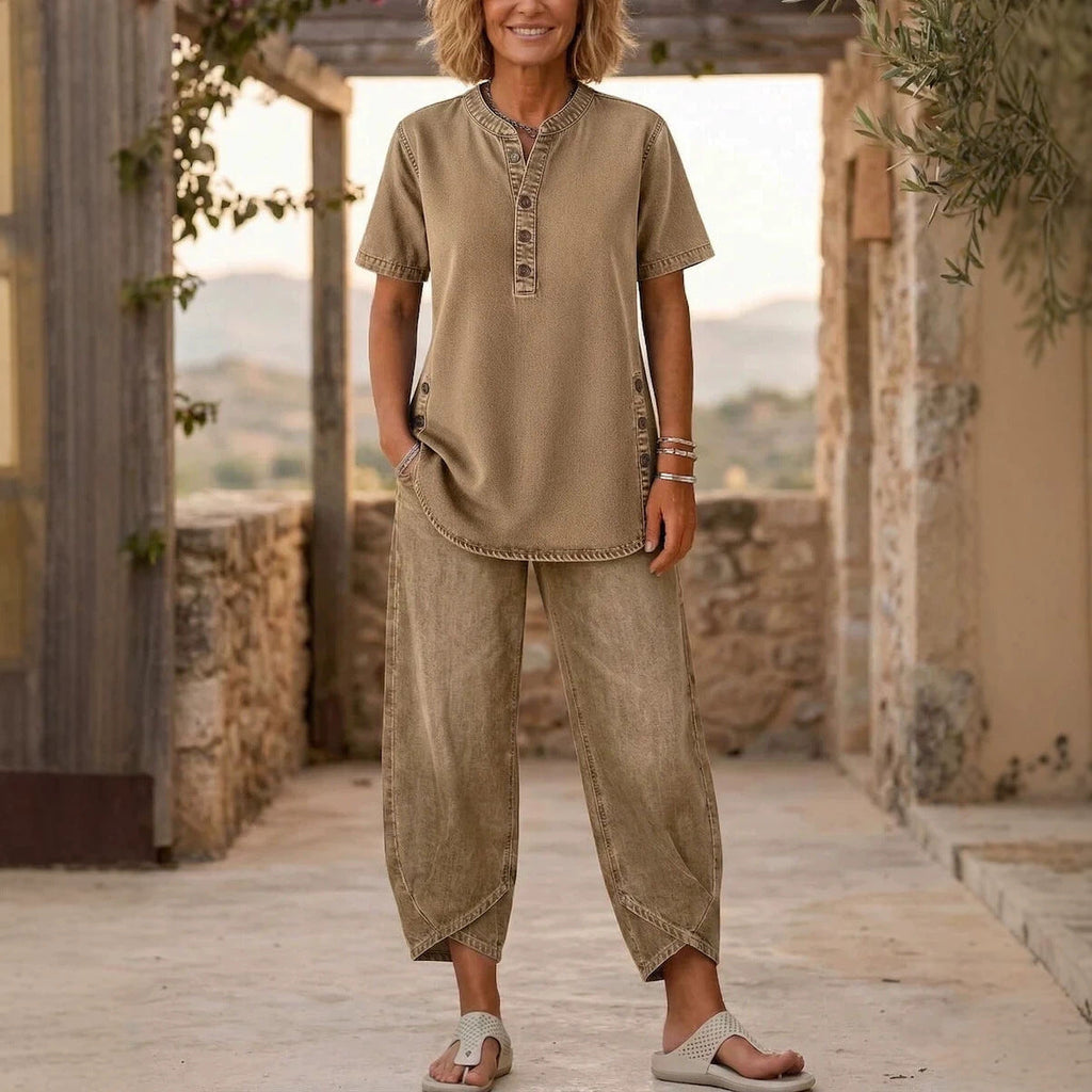Women's Lapel Button-Up Top & Pants Two-Piece Set – Three-Quarter Sleeve