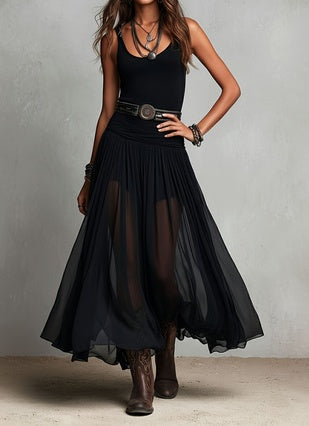 Women's Bohemian Sleeveless Ruched Waist Chiffon Maxi Dress