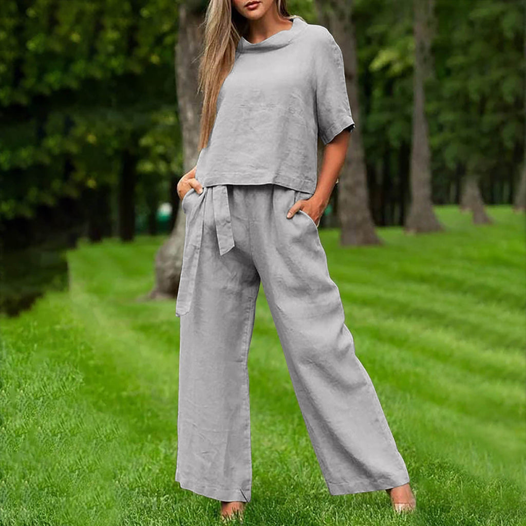 Round-Neck 3/4 Sleeve Top & Pants Two-Piece Set – 6 Colors, S–XXL