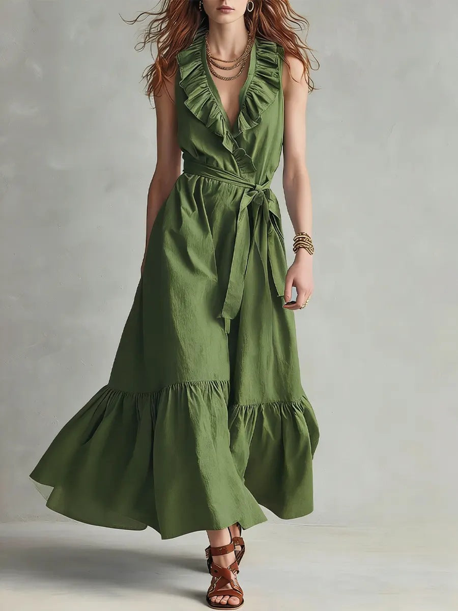 Women's V-Neck Sleeveless Lace-Up Panelled Maxi Dress – Wide Flare