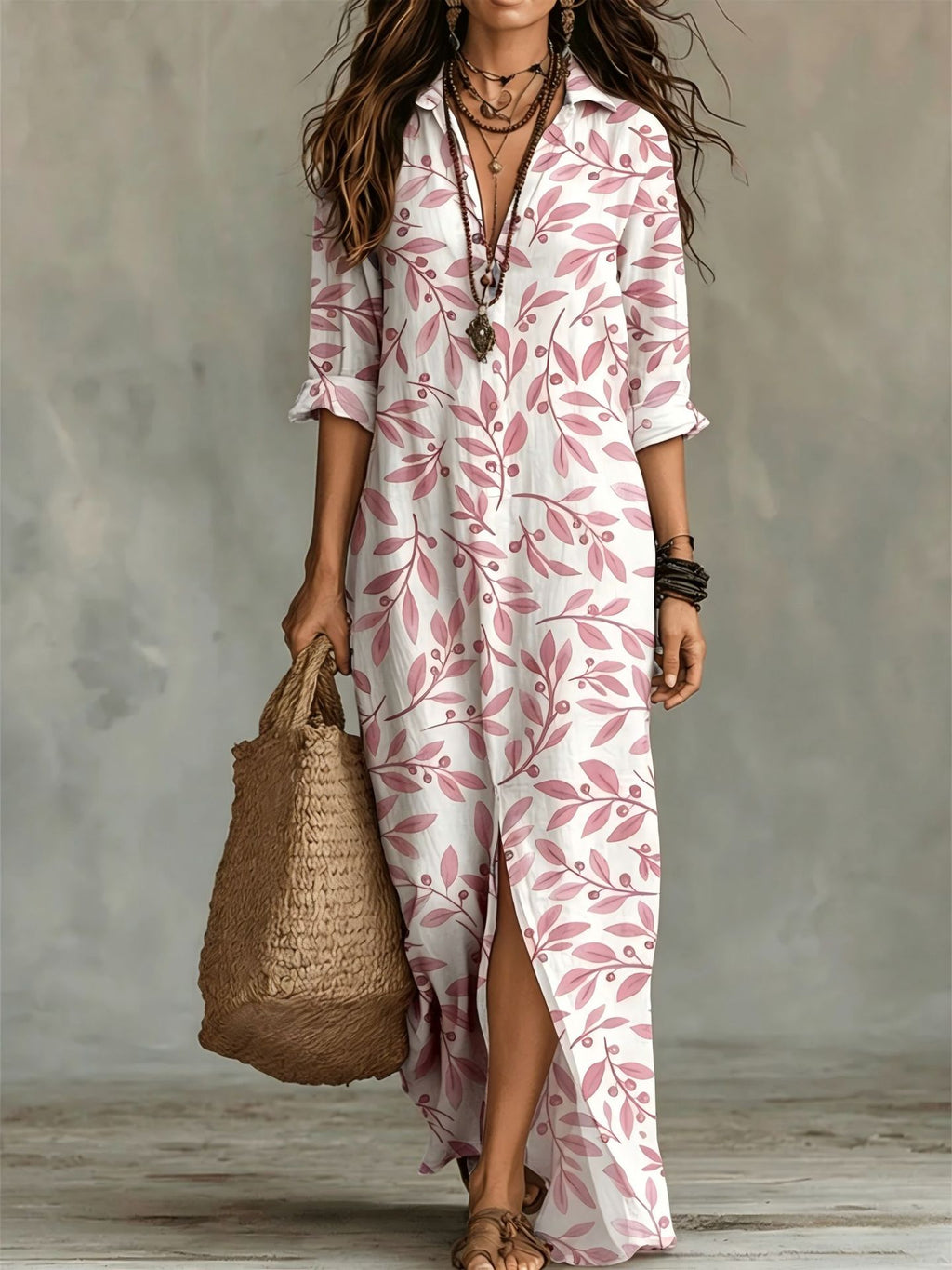 Digital Print Lapel Midi Shirt Dress – 5 Colors, S–3XL