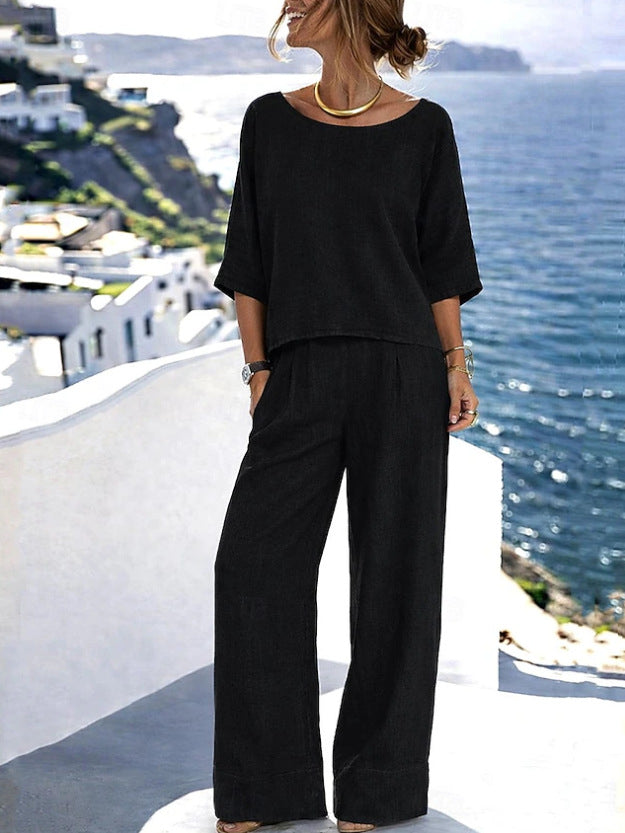 Women's Resort Set – Short Sleeve Top & Wide-Leg Pants