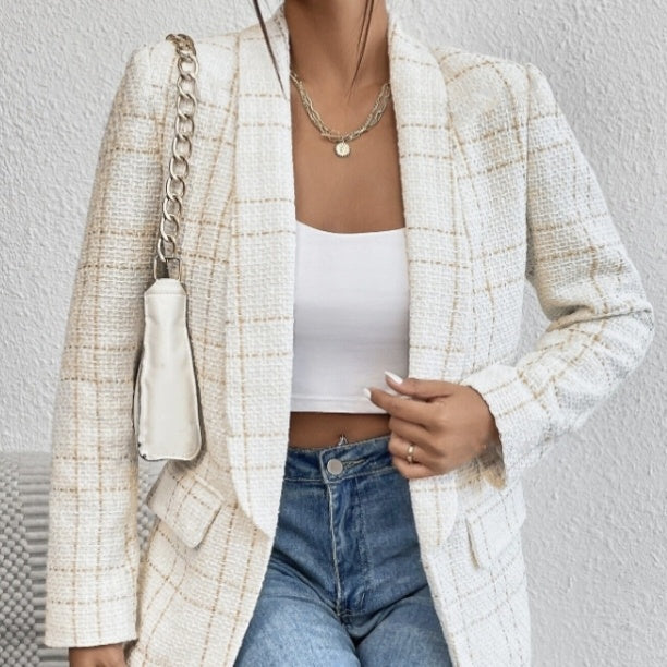 Ladies' Solid Color Linen Fake Pocket Design Fashionable Suit Jacket