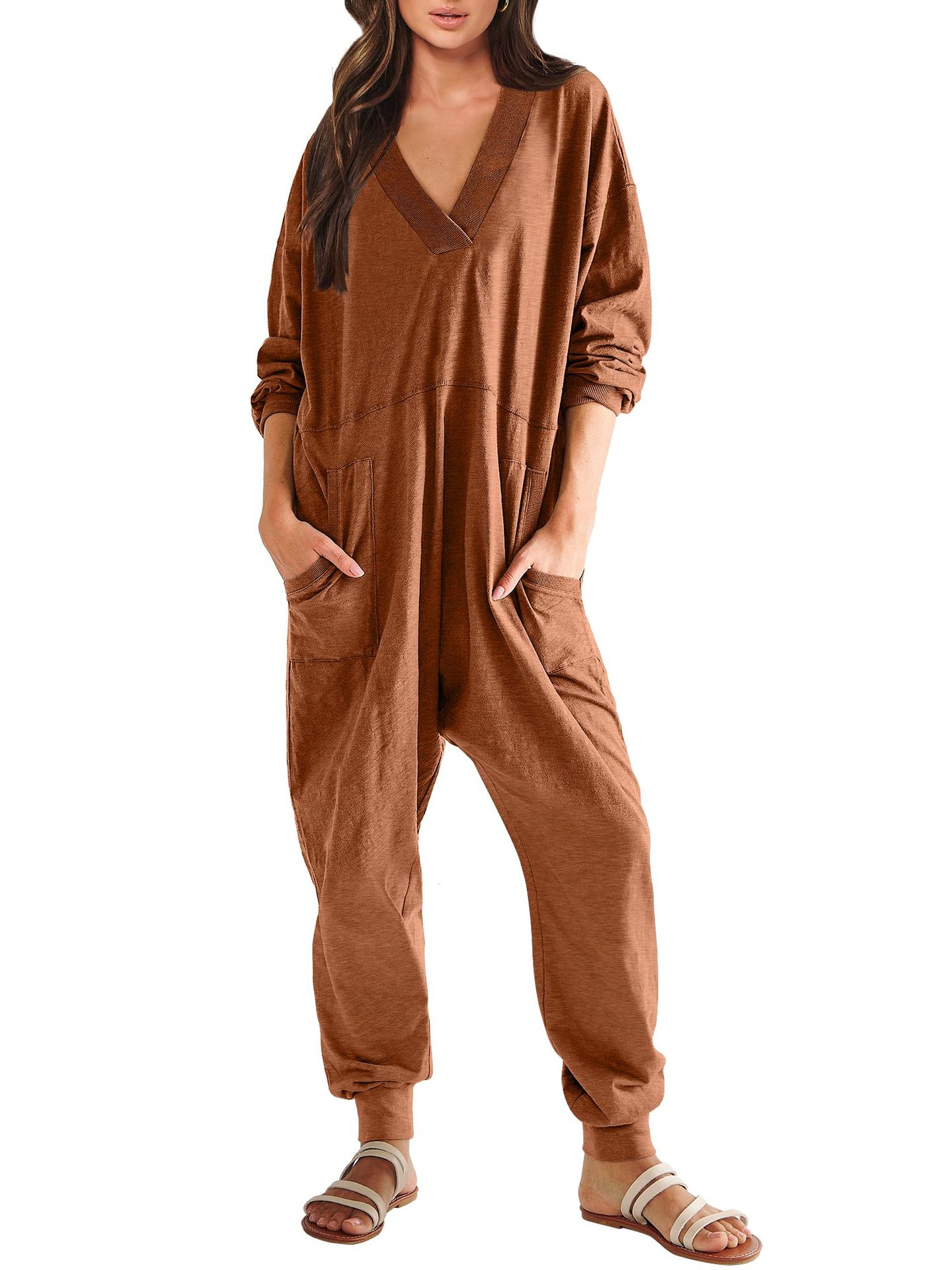 Women’s V-Neck Long Sleeve Solid Color Loose Jumpsuit With Two Side Pockets