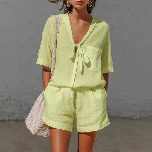 Women's Lace-Up Short-Sleeve Shirt & Loose Shorts Set – Casual Summer Co-Ord