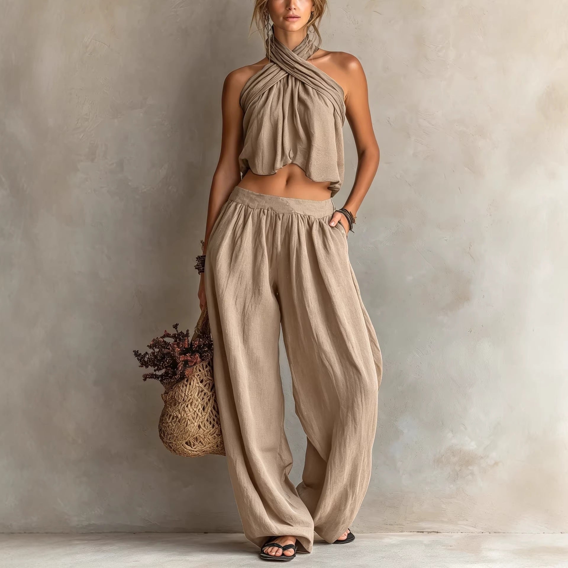 Women's Loose Sleeveless Top & Wide-Leg Pants Set – Linen Blend