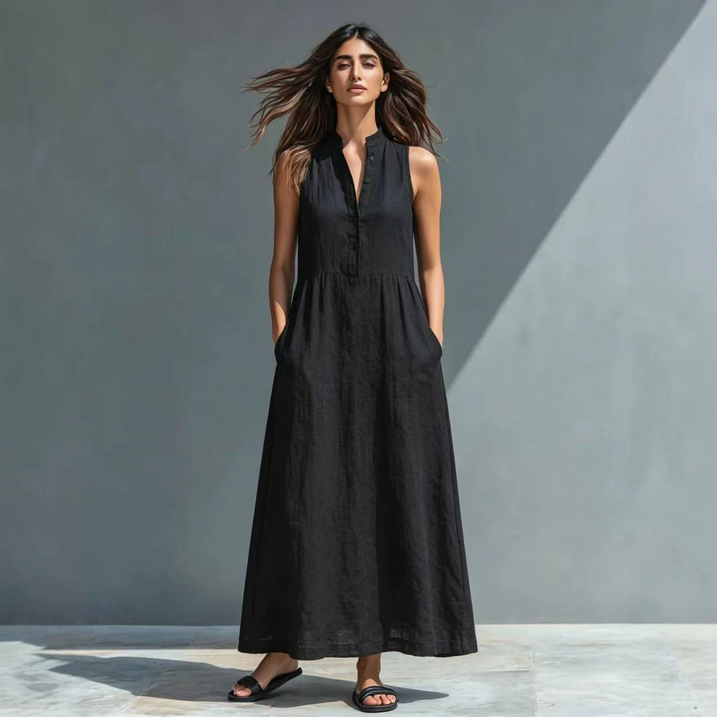 Women's Stand-Collar A-Line Maxi Dress – Resort & Vacation Style