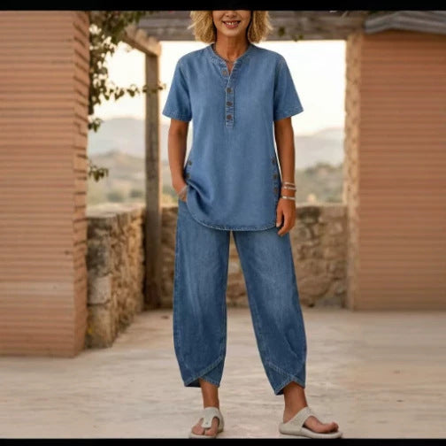 Women's Lapel Button-Up Top & Pants Two-Piece Set – Three-Quarter Sleeve