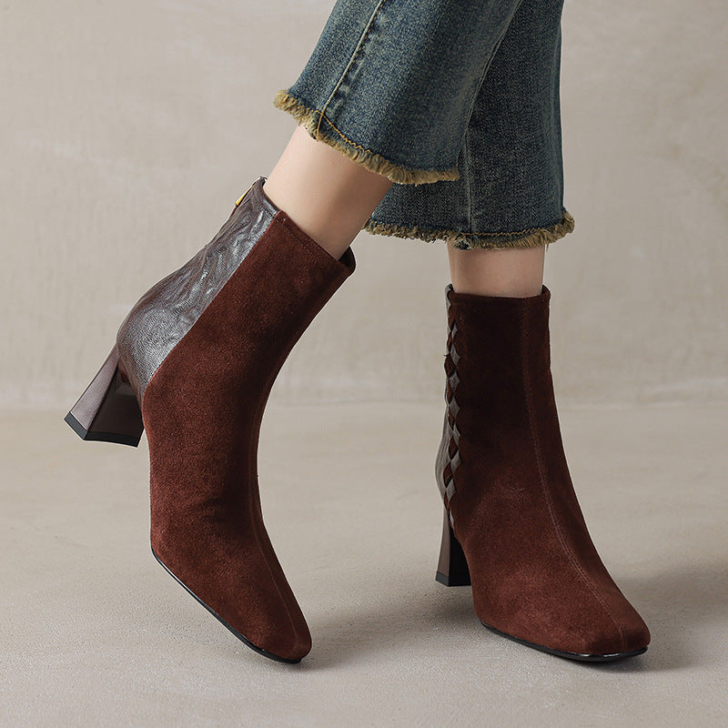 Women's Sheepskin Square Toe Chunky Heel Ankle Boots – Korean Patchwork Style