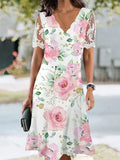 Women's Floral Lace Flounce Neckline High-Waist A-Line Midi Dress