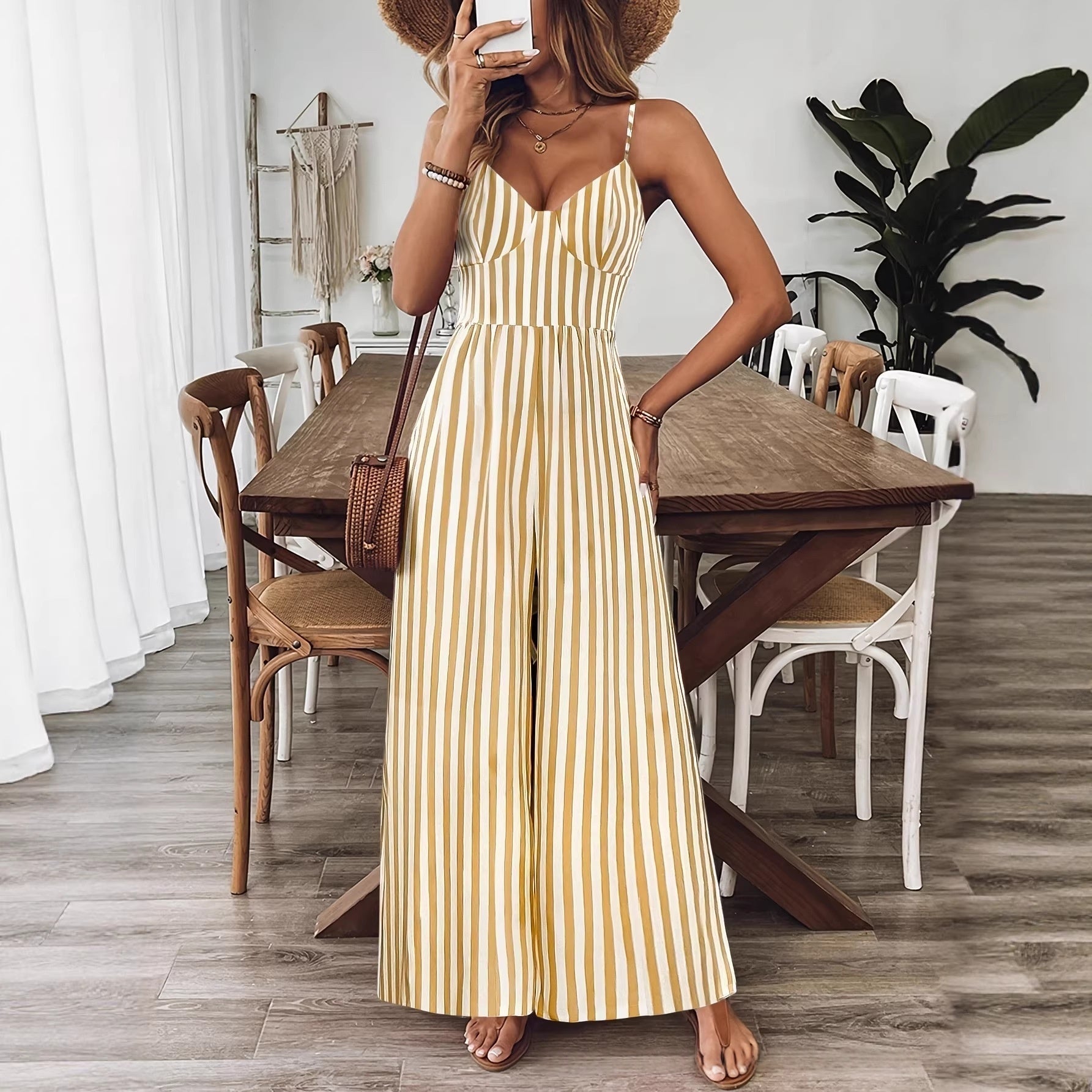 Printed Backless Sleeveless Strap Jumpsuit | Ginger Yellow