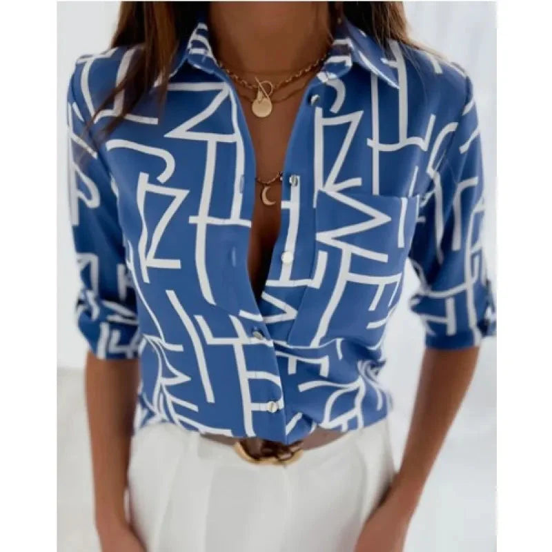 Women’s Printed Long-Sleeve Lapel Shirt | Casual Elegant Blouse