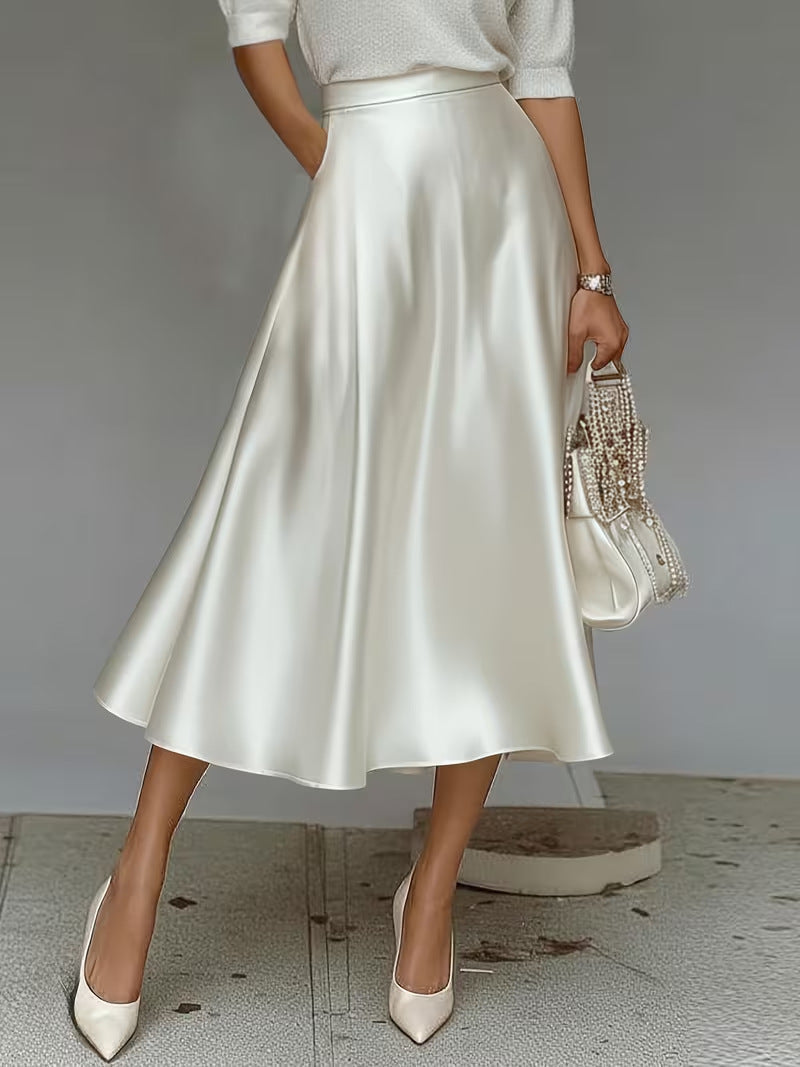 Women's Satin Solid Color Mid-Length Skirt – Slight Stretch