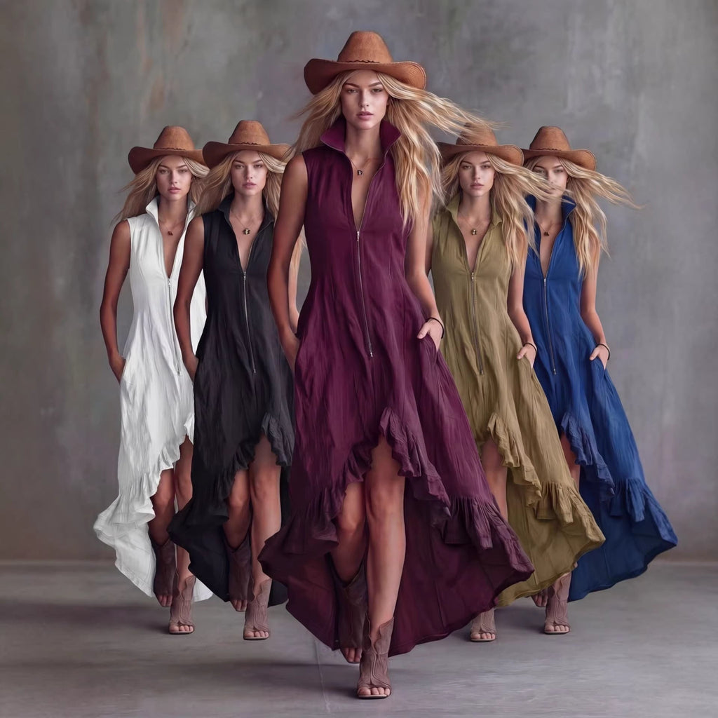 Lapel Collar Zip-Front Ruffle Hem Boho Dress