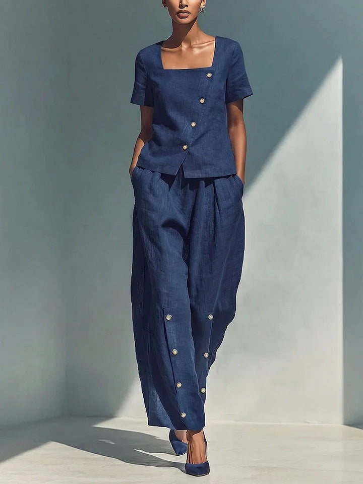 Women's Loose Short-Sleeve Top & High-Waist Pants Set – Plus Size Friendly