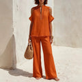 Women's Off-Shoulder Short-Sleeve Linen Blend Pantsuit Set