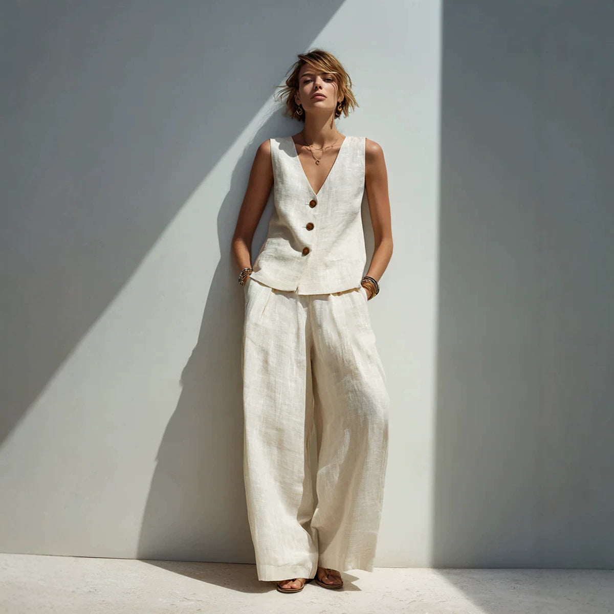 Linen Blend V-Neck Buttoned Vest & High-Waist Wide-Leg Pants Set – 5 Colors S–3XL