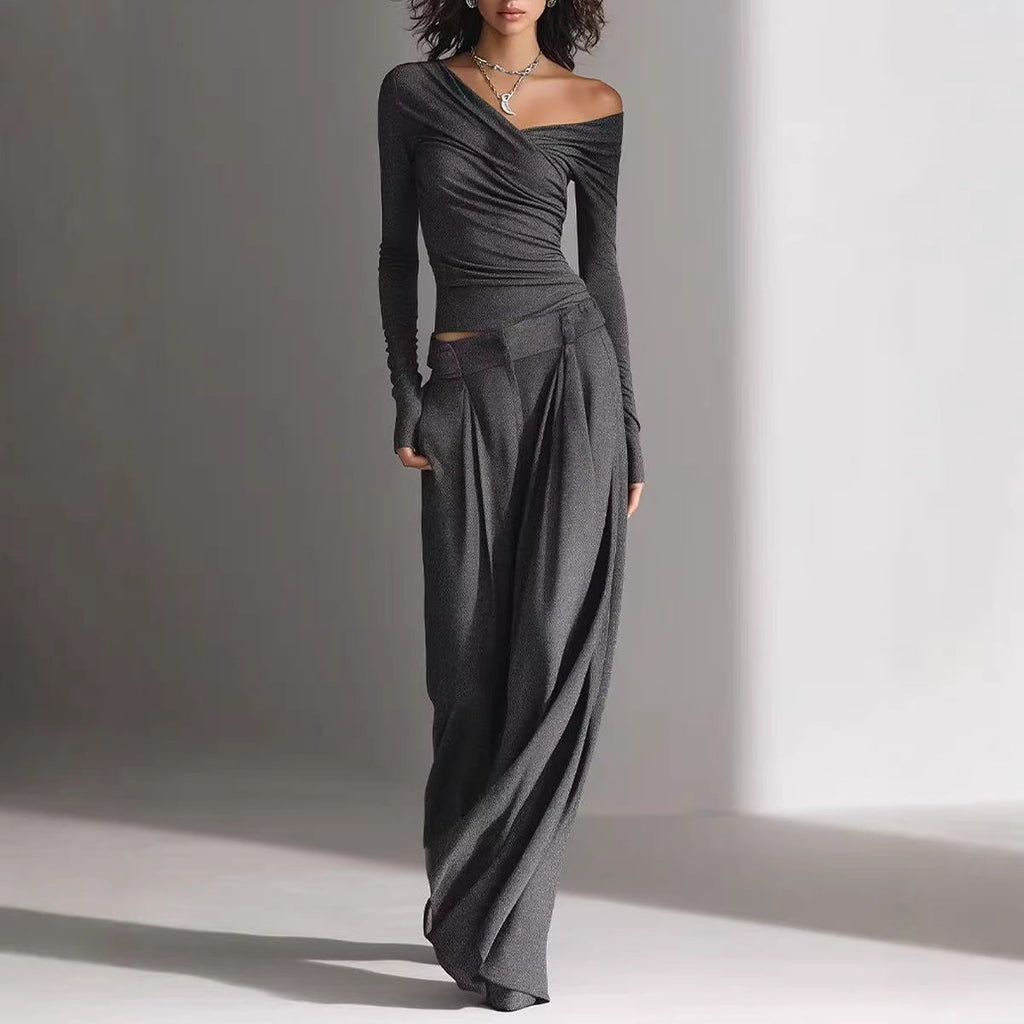 Women's Long-Sleeve Pullover Top & Loose Pants Set – Casual 2-Piece Outfit