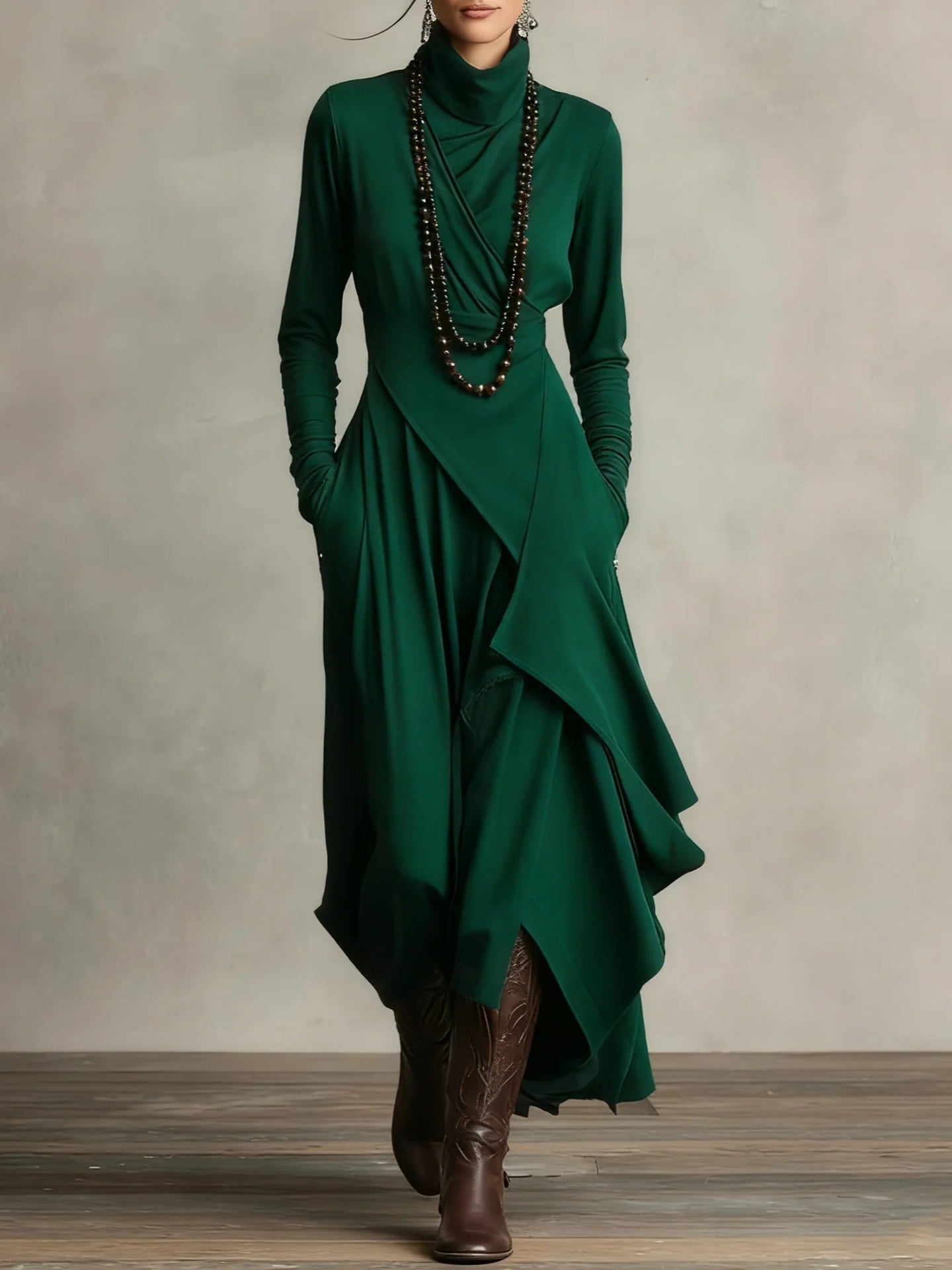 Women's Cross-Wrap High-Neck Long-Sleeve Maxi Dress