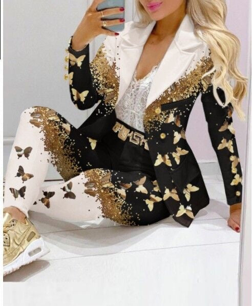 Women's Printed Coat & Trousers Two-Piece Set – 19 Prints, Casual Fashion Suit