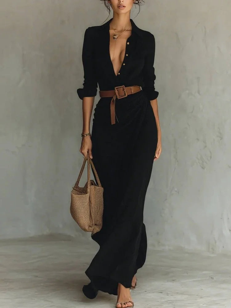 Women's Elegant Belted Irregular Ruffle Long Dress – Slim Waist