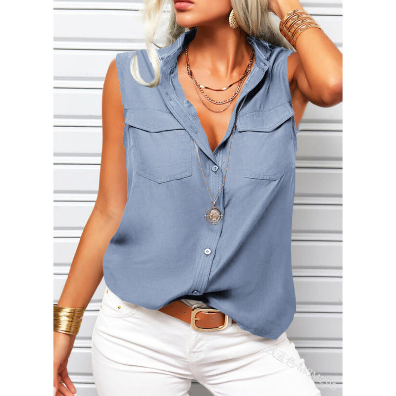 Women's Lapel Collar Sleeveless Top – Loose Fit, Pockets, Solid Color