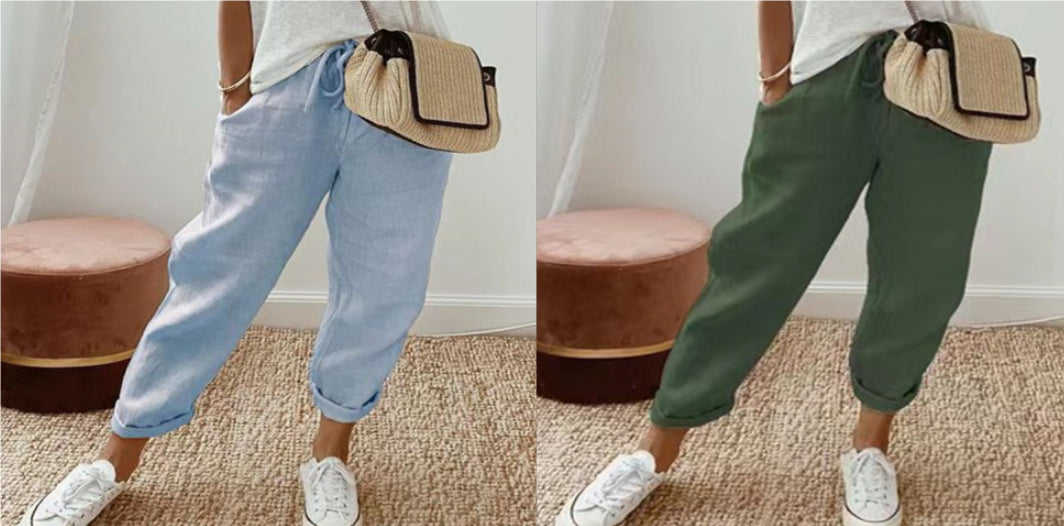 Women’s Cotton Linen Casual Pants – Solid Color