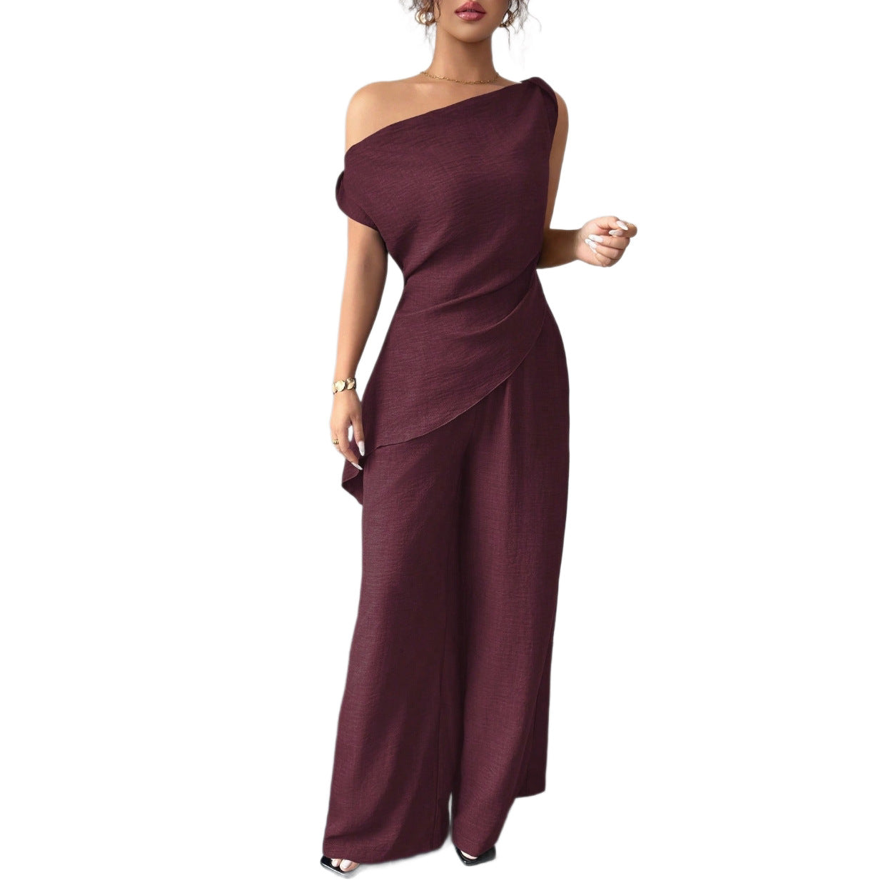 One-Shoulder Asymmetric Top & Wide-Leg Pants 2-Piece Set – Women's Elegant Co-ord Suit