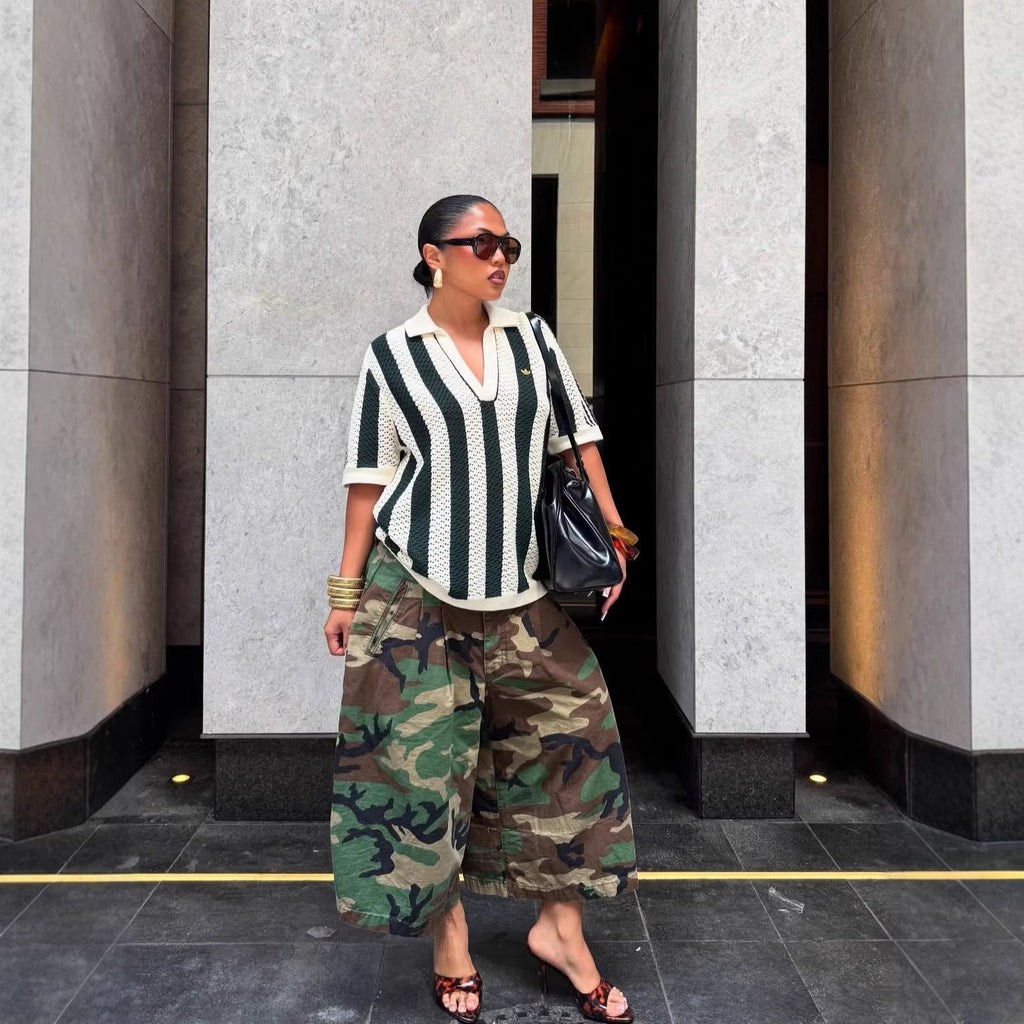 Women's Wide-Leg Cargo-Style Pants with Zipper & Button Detail