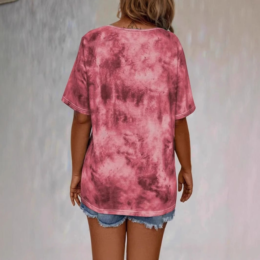 Women's Tie-Dye Print Drawstring T-Shirt – Loose Fit, Short Sleeve, Casual