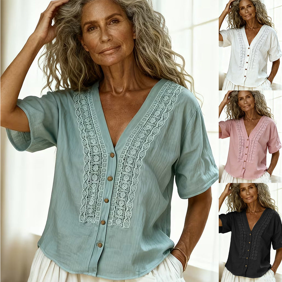 Women's Loose-Fit Faux Linen Embroidered Button-Up Top