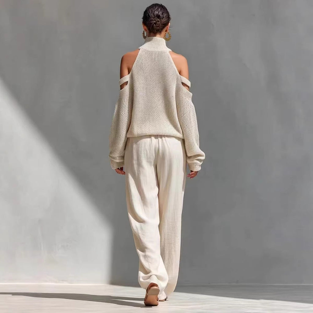 Women's Long-Sleeve Turtleneck Top & Pants Set – Elegant 2-Piece