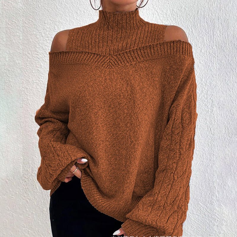 Women's Cold Shoulder Sweater - High Neck Cut Out Pullover Long Sleeve