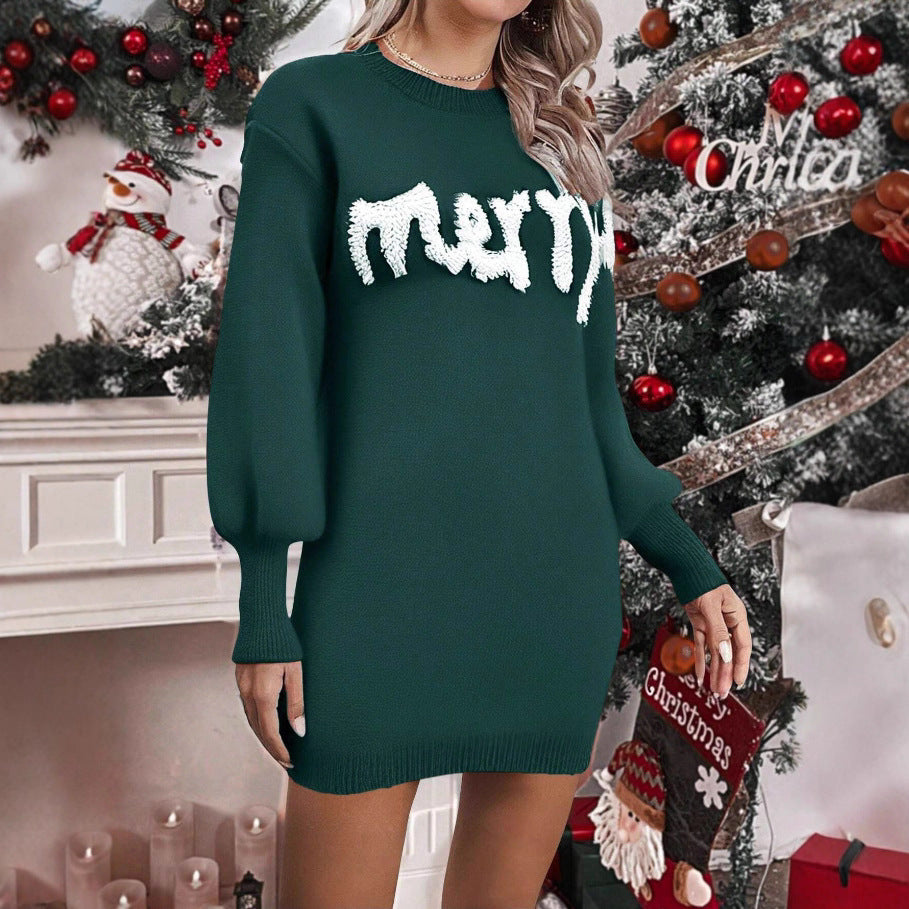 Women’s Knitted Round Neck Lantern-Sleeve Pullover Sheath
