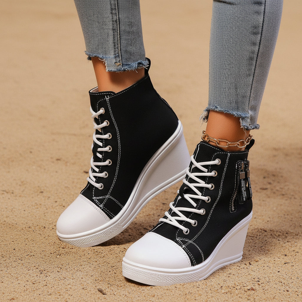 Women's Canvas Wedge Platform Lace-Up Sneakers