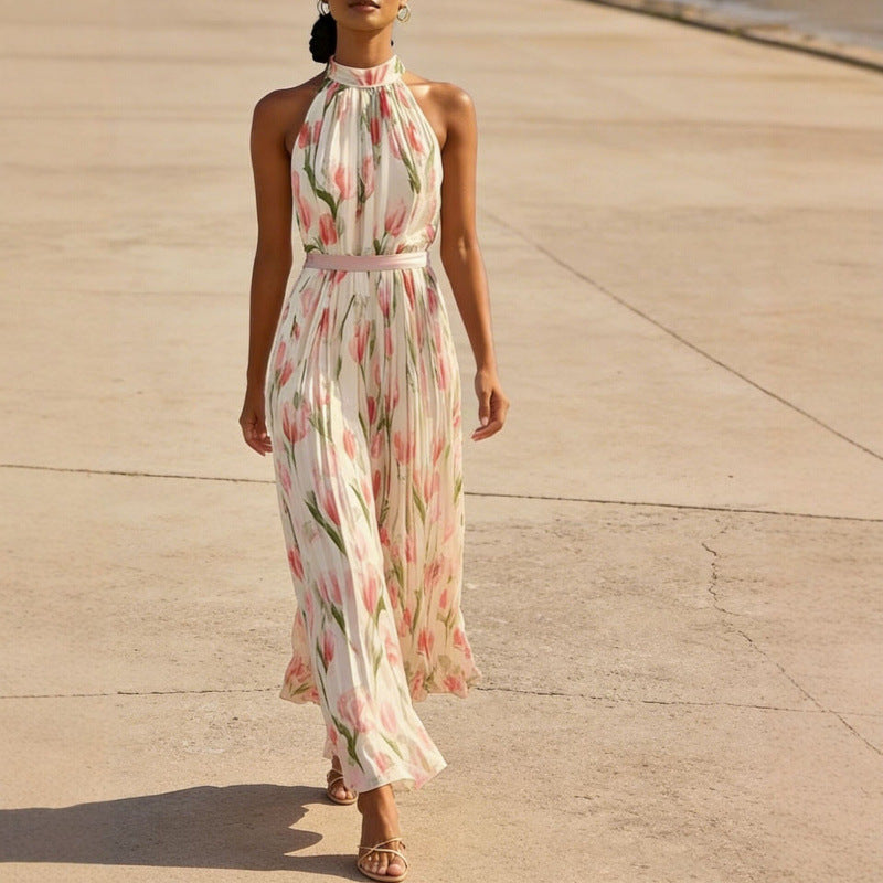 Women's Halterneck High-Waist Swing Dress – Floral & Solid Prints