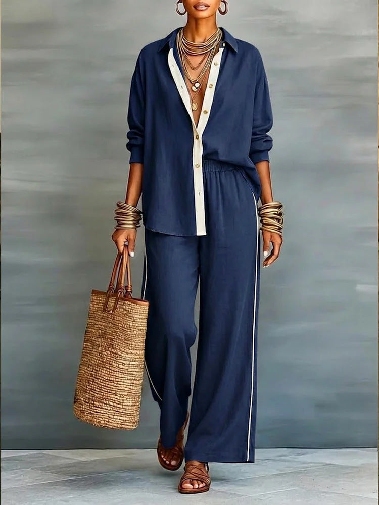 Contrast-Color Long-Sleeve Shirt & Pants Set – Two-Piece