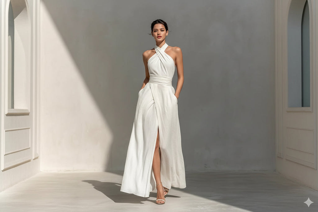 Sleeveless Elegant Slim-Fit Pure White Dress