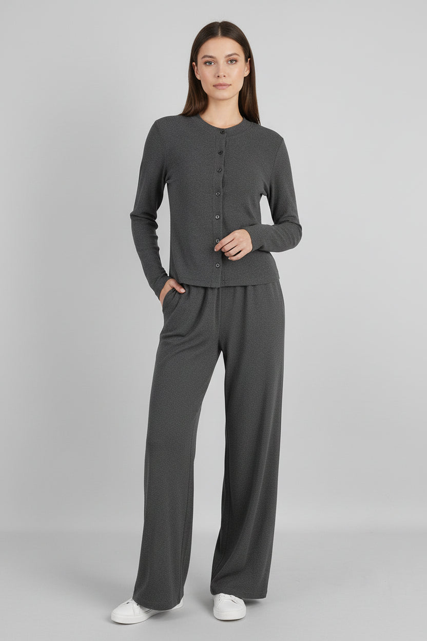 Women's Half-High-Neck Ribbed Knit Cardigan & Button-Front Trousers Set